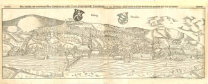 Heidelberg: "Der loblichen und weitbekanten Statt Heidelberg..."  Woodcut from the "Cosmographia" by Sebastian Muenster. Basel, ca. 1550  Light general age toning. Vertical folds have been reinforced. Upper margin widened. Lower margin reinforced. One missing piece of paper bottom center has been replaced (not part of image, only river bank). Some traces of age, like vertical creases. But in general a desireable woodcut. Like all the very wide Muenster prints, this print was made from two separate wood bloc