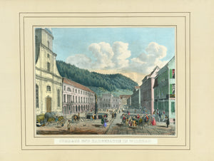 Bad Wildbad. - "Curhaus und Badgebäude in Wildbad"  Zauberhaft altkolorierte Lithographie mit Eiweisshöhung von C.) Kaspar Obach (1807-1868). Gedruckt bei G. Küster. Verlag C.A. Sonnewald. Stuttgart, um 1840.  Mit reicher Personenstaffage im Kurgästebereich von Bad Wildbad im Nordschwarzwald  Aus einem "Reisealbum".  Die Lithographie wurde bis zum Bildrand beschnitten auf eine Seite des Blankoalbums montiert und mit drei Einfassungslinien (schwarze Tusche) dekoriert.