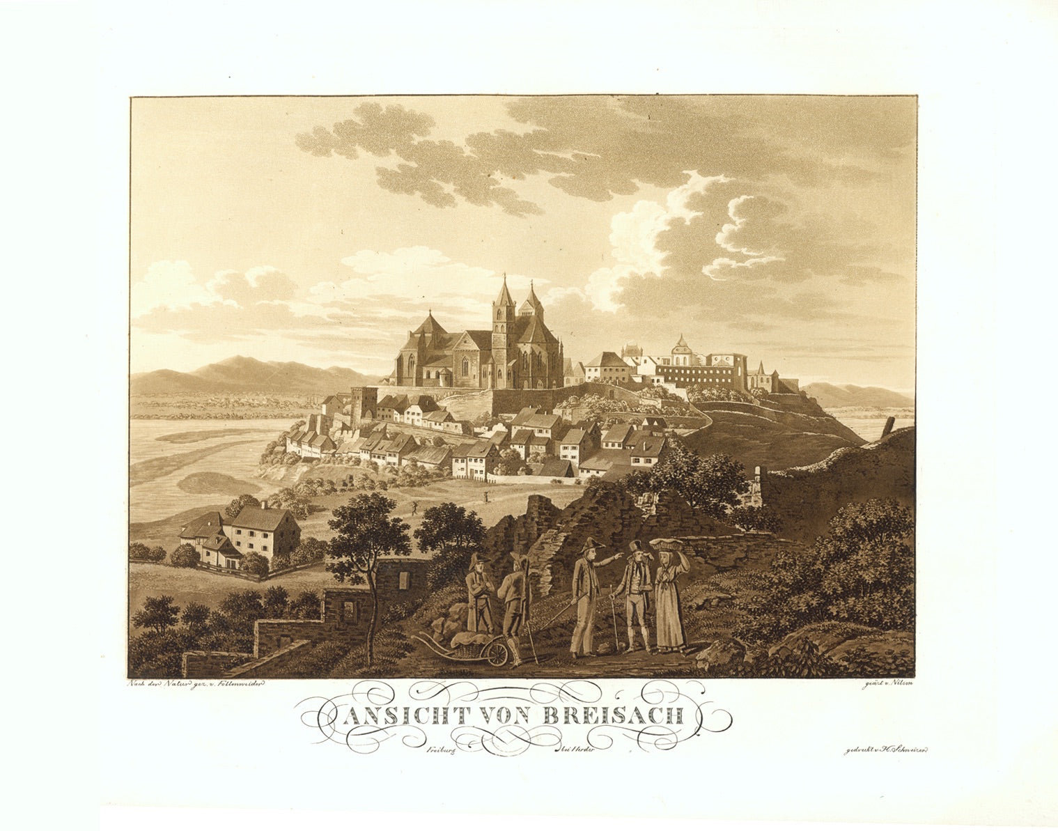 Breisach. - "Ansicht von Breisach"  Breisach, Vieux Brisach, Hochschwarzwald, Oberrhein, Guendlingen, Niederrimsingen  Aquatinta in Sepiafarbe gedruckt  Von Wilhelm Johannes Esaias Nilsen (1788-?)  Nach der Zeichnung von Rudolf Follenweider (1774-1847)  Aquatint in sepia by Wilhelm Johannes Esaias Nilsen (1788-?). After the drawing by Rudolf Follenweider (1774-1847)  Aquatintaansicht der Stadt Breisach mit dieser für die Sepiafarbe