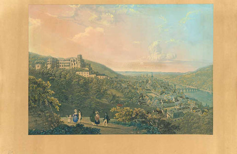 Antique print, Ohne Titel. - Die Stadt Heidelberg  Heidelberg, Baden-Wuertemberg, Nekar, Heiligenberg, Rhein-Nekar Kreis  Aus halber Bergeshöhe. Blick auf Stadt, Schloss und Neckar. Im Vordergrund Menschengruppe in typisch biedermeierlicher Bekleidung.  Sehr attraktive altkolorierte Umrissradierung. Entzückendes Handkolorit aus der Zeit des Drucks.   Ca. 1820/1830