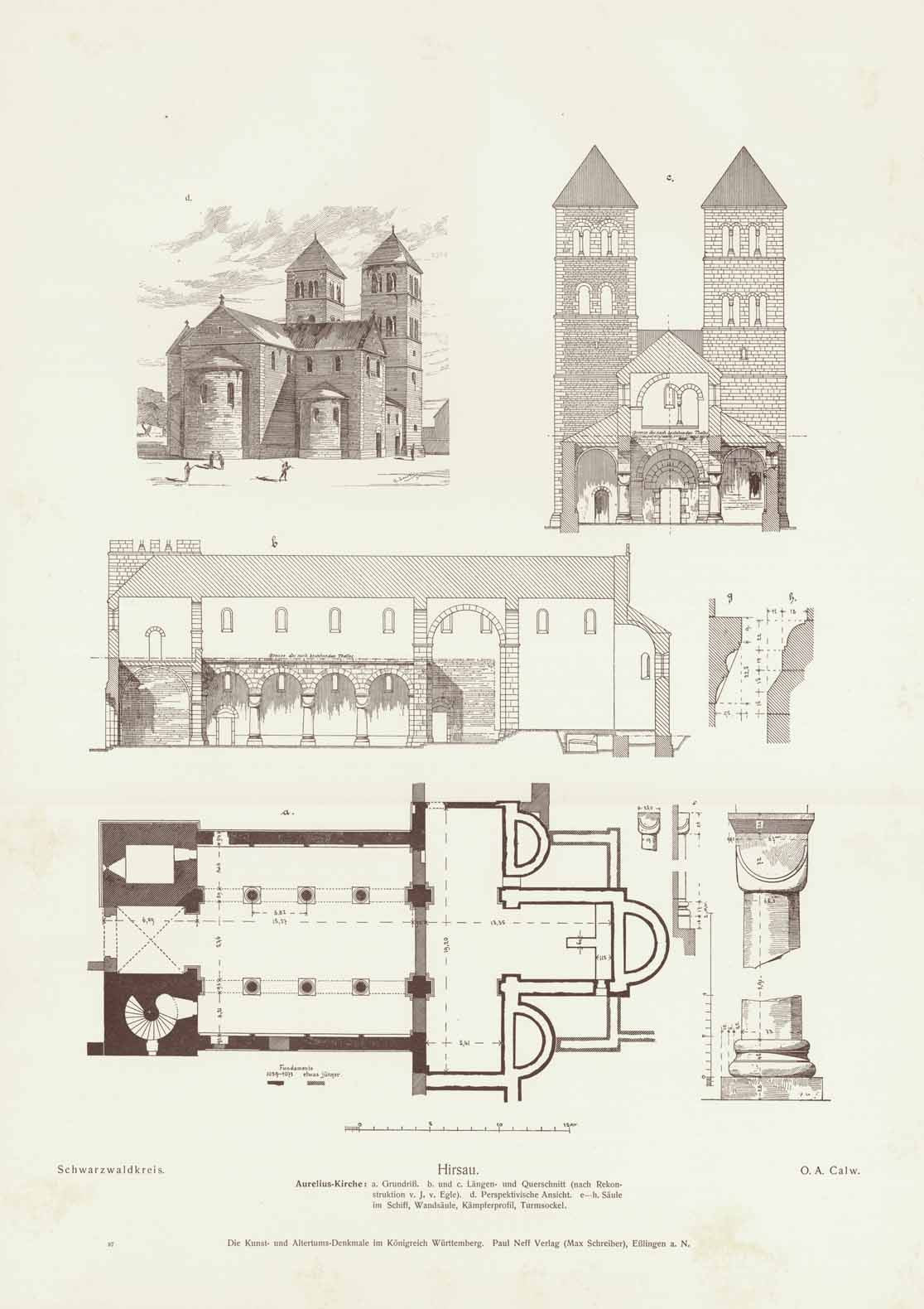 "Hirsau"  Blatt 1 - Aurelius-Kirche -  Grundriss - Längen- und Querschnitt (nach Rekonstruktion) - Perspektivische Ansicht - Architektonische Details  Blatt 2 - Peterskirche (Rekonstruktion) - Grundriss - Längsschnitt - Querschnitt innere Perspektive  Blatt 3 - Peterskirche - Ansicht - Schnitt - Grundrisse - Einzelheiten vom noch bestehenden Turm -  Portal von der Nordseite -  Architektonische Details  Bearbeitung:  Württembergischer Konservator Eduard Paulus, Esslingen, 1890