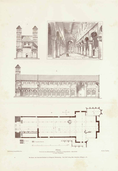 "Hirsau"  Blatt 1 - Aurelius-Kirche -  Grundriss - Längen- und Querschnitt (nach Rekonstruktion) - Perspektivische Ansicht - Architektonische Details  Blatt 2 - Peterskirche (Rekonstruktion) - Grundriss - Längsschnitt - Querschnitt innere Perspektive  Blatt 3 - Peterskirche - Ansicht - Schnitt - Grundrisse - Einzelheiten vom noch bestehenden Turm -  Portal von der Nordseite -  Architektonische Details  Bearbeitung, Eduard Paulus,  Erschienen in: "Die Kunst- und Altertums- Denkmale im Königreich Württemberg"