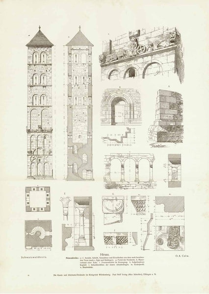 Hirsau" Blatt 1 - Aurelius-Kirche - Grundriss - Längen- und Querschnitt (nach Rekonstruktion) - Perspektivische Ansicht - Architektonische Details Blatt 2 - Peterskirche (Rekonstruktion) - Grundriss - Längsschnitt - Querschnitt innere Perspektive Blatt 3 - Peterskirche - Ansicht - Schnitt - Grundrisse - Einzelheiten vom noch bestehenden Turm - Portal von der Nordseite - Architektonische Details Bearbeitung, Eduard Paulus, Erschienen in: "Die Kunst- und Altertums- Denkmale im Königreich Württemberg"