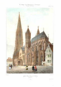 Freiburg im Breisgau. - "Eglise Notre Dame de Fribourg. Vue Sud-est"  „Unserer Lieben Frau“  Handkolorierte Lithographie Lithographie von Charles-Claude Bachelier  Nach der Zeichnung von Nicolas-Marie-Joseph Chapuy (1790-1858)  Original antique print    Mit Trockenstempel.  Erschienen in "Le Moyen-Age Monumental et Archélogique  Bei Lemercier. Paris, 1845