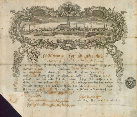 Ulm. - Meisterbrief der Stadt Ulm für einen gelernten Schneider.  "Wir geschworen Vor und andere Meister Handwerks derer Schneider"  Craftsman Certificate, Meisterbrief, Jakob Martin Wildt, Schneider, Christoph Friedrich Hoermann  Handschriftlich ausgefüllter Meisterbrief für den Gesellen Jakob Martin Wildt, gebürtig aus Augsburg.  Der Meisterbrief ein Muster-Vordruck als Kupferstich, der allen Zünften zur handschriftlichen Ergänzung zur Verfügung stand.