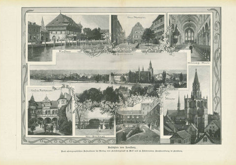 "Ansichten von Konstanz"  Kaufhaus, Marktpltz, Hus Denkmal, Muenster, Hof des Rathauses, Gesamtansicht.  Wood engraving made after a photgraph by G Wolf, 1899.  Original antique print  