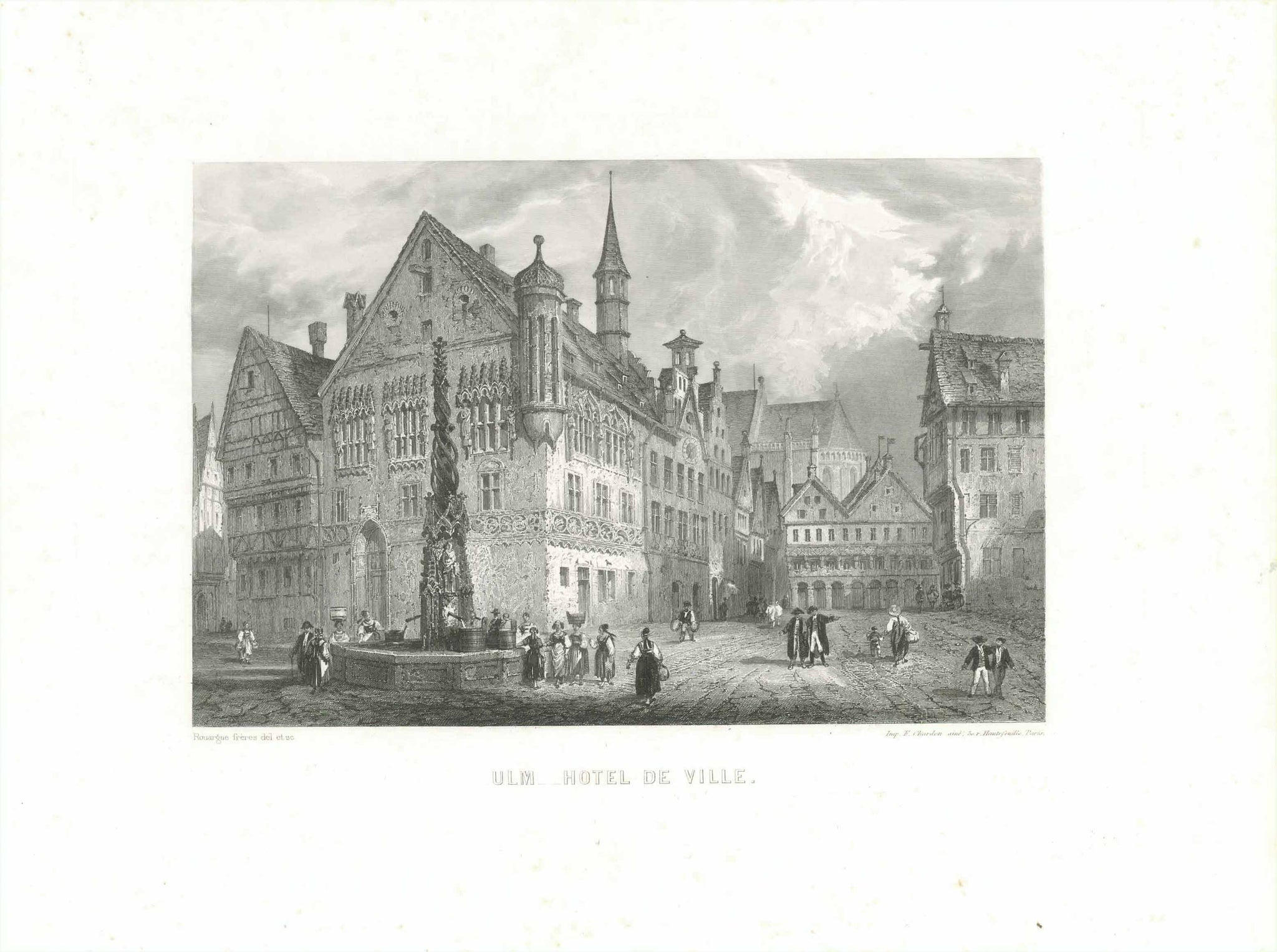 "Ulm, Hotel De Ville"  View of the town hall and fountain in Ulm.  Steel engraving by Rouague. Published in Paris 1860.  Original antique print  