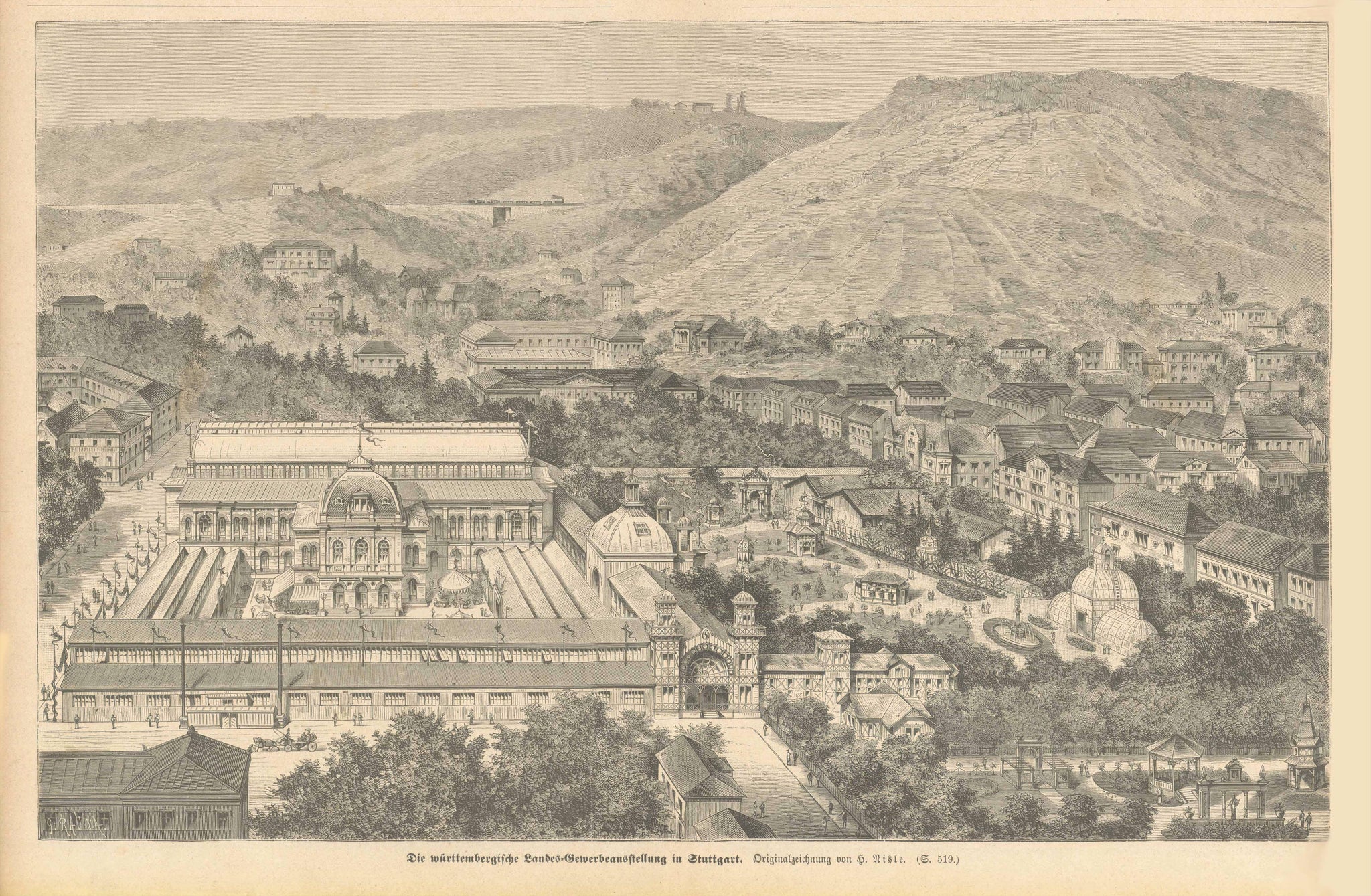 "Die wuertembergische Landes-Gewerbeaustellung in Stuttgart"  Wood engraving from a German illustrated work published 1881.  Original antique print  