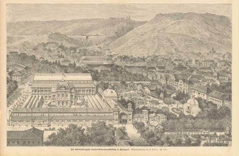 "Die wuertembergische Landes-Gewerbeaustellung in Stuttgart"  Wood engraving from a German illustrated work published 1881.  Original antique print  