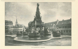 "Der Parade-Brunnen in Mannheim"  Zincograph published ca 1900.  Original antique print    Baden Wuertemberg, Mannheim, Parade Platz, Grupello Pyramide