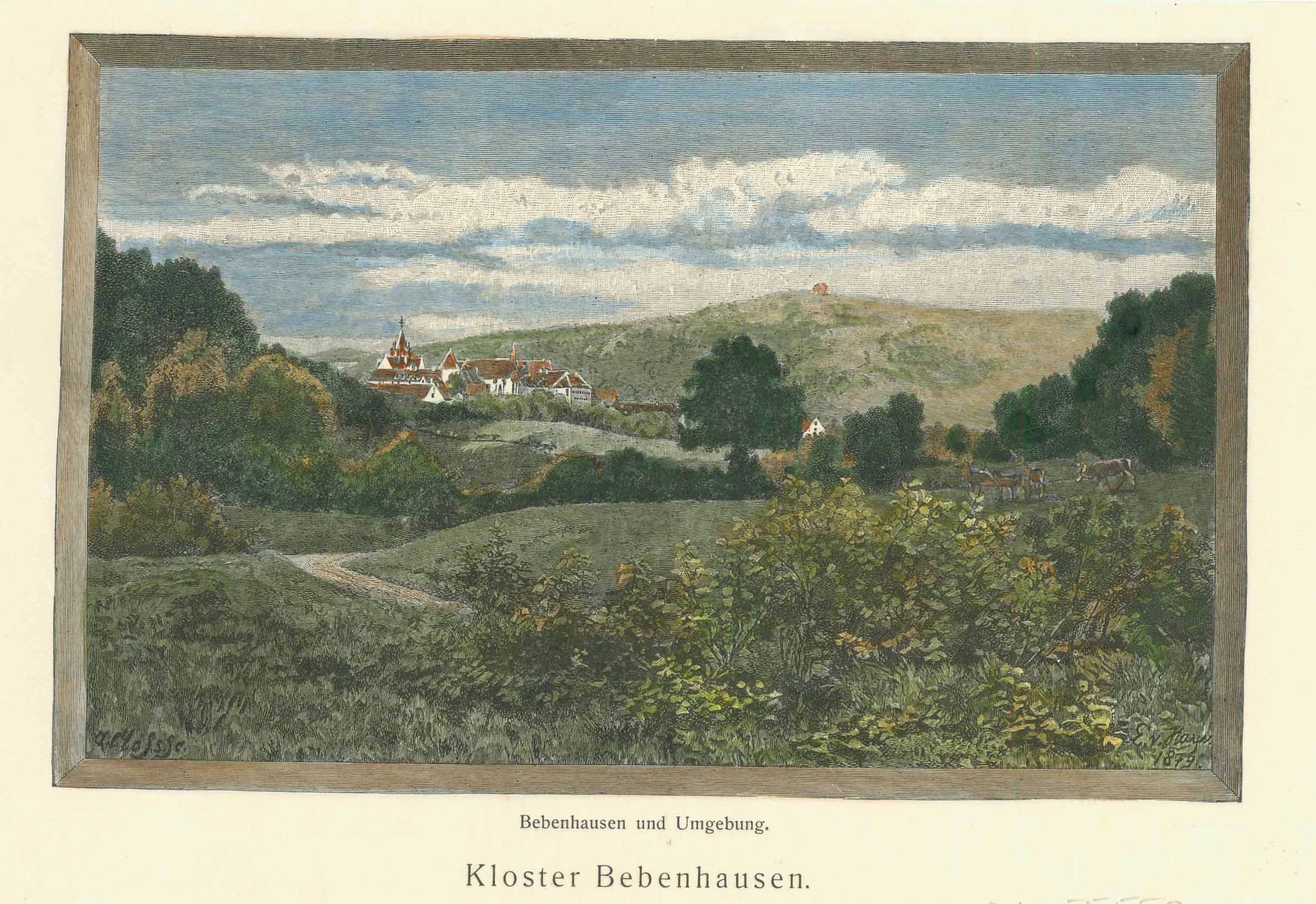 "Bebenhausen und Umgebung"  Baden-Wuertemberg, Bebenhausen, Tuebingen, Naturpark Schoenbuch  Wood engraving published ca 1885.  Original antique print  