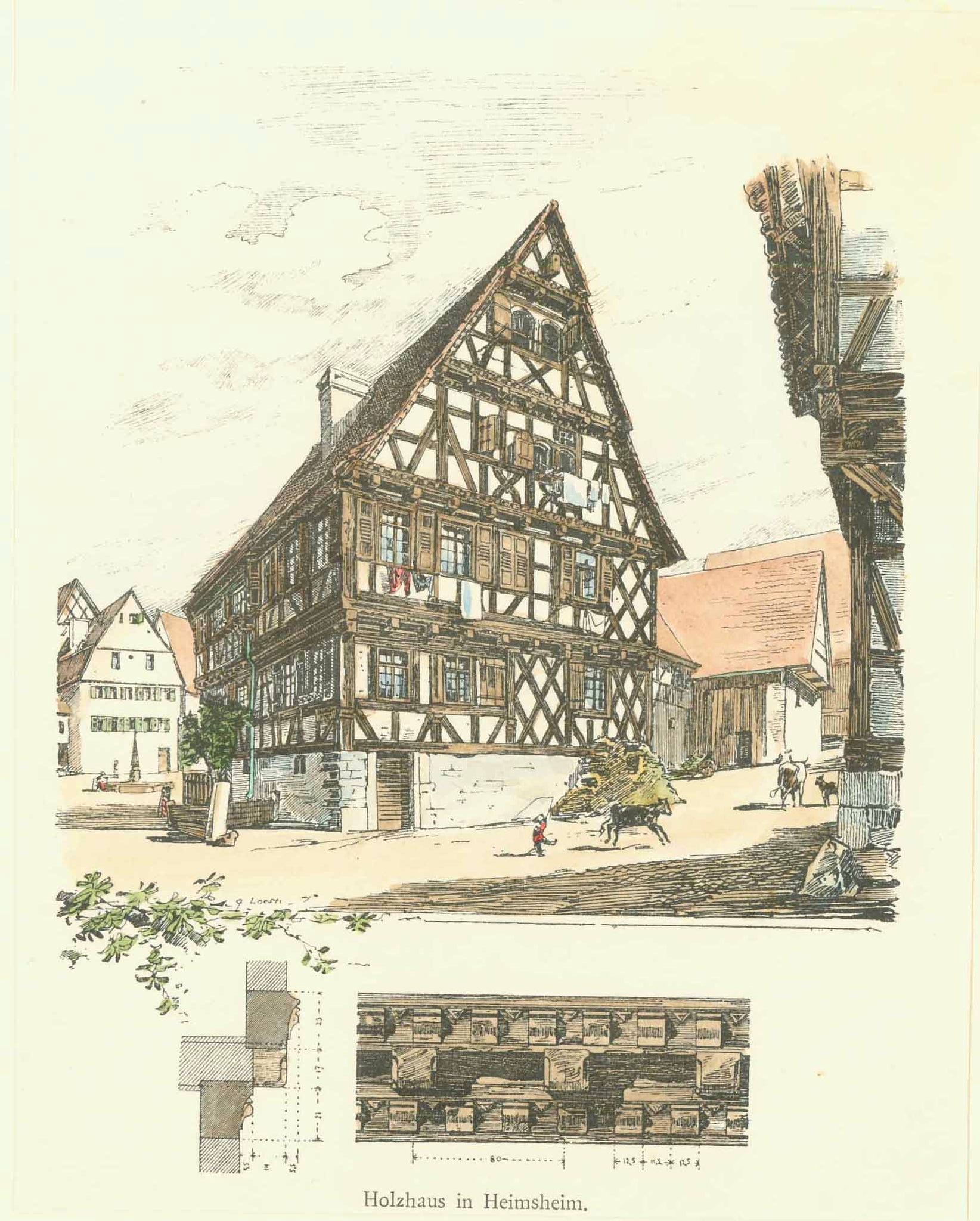 "Holzhaus in Heimsheim"   Fachwerk, Half Timber House  Wood engraving published ca 1880.