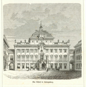 "Das Schloss in Ludwigsburg"  Wood engraving ca 1875. On the reverse side is historical information about the area.