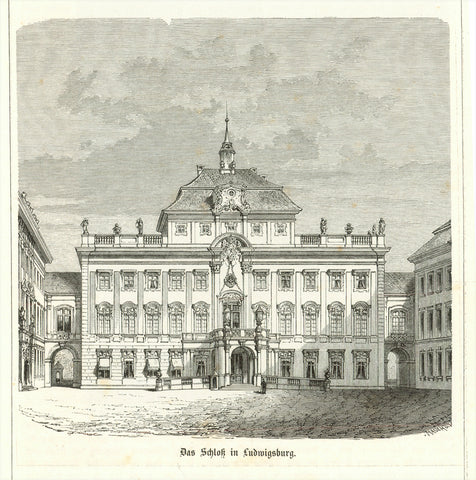 "Das Schloss in Ludwigsburg"  Wood engraving ca 1875. On the reverse side is historical information about the area.