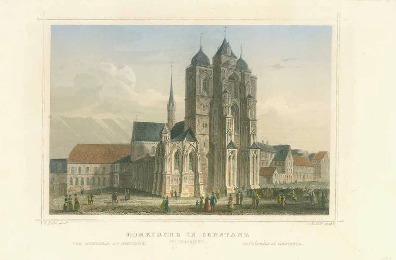 "Domkirche in Constance" "Seitenansicht"  "The Cathedral at Constance Cathedrale de Constance"  Steel engraving by J. Kolb after R. Hoefle ca 1850.  Original antique print , interior design, wall decoration, ideas, idea, gift ideas, present, vintage, charming, special, decoration, home interior, living room design