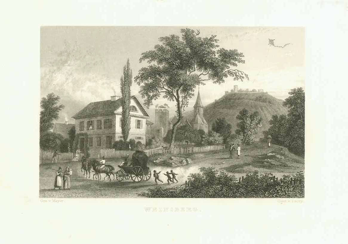 "Weinsberg"  Steel engraving by Lacey after L. Meyer published 1845.  View of the Kernerhaus looking to the Weibertreu.  Original antique print 
