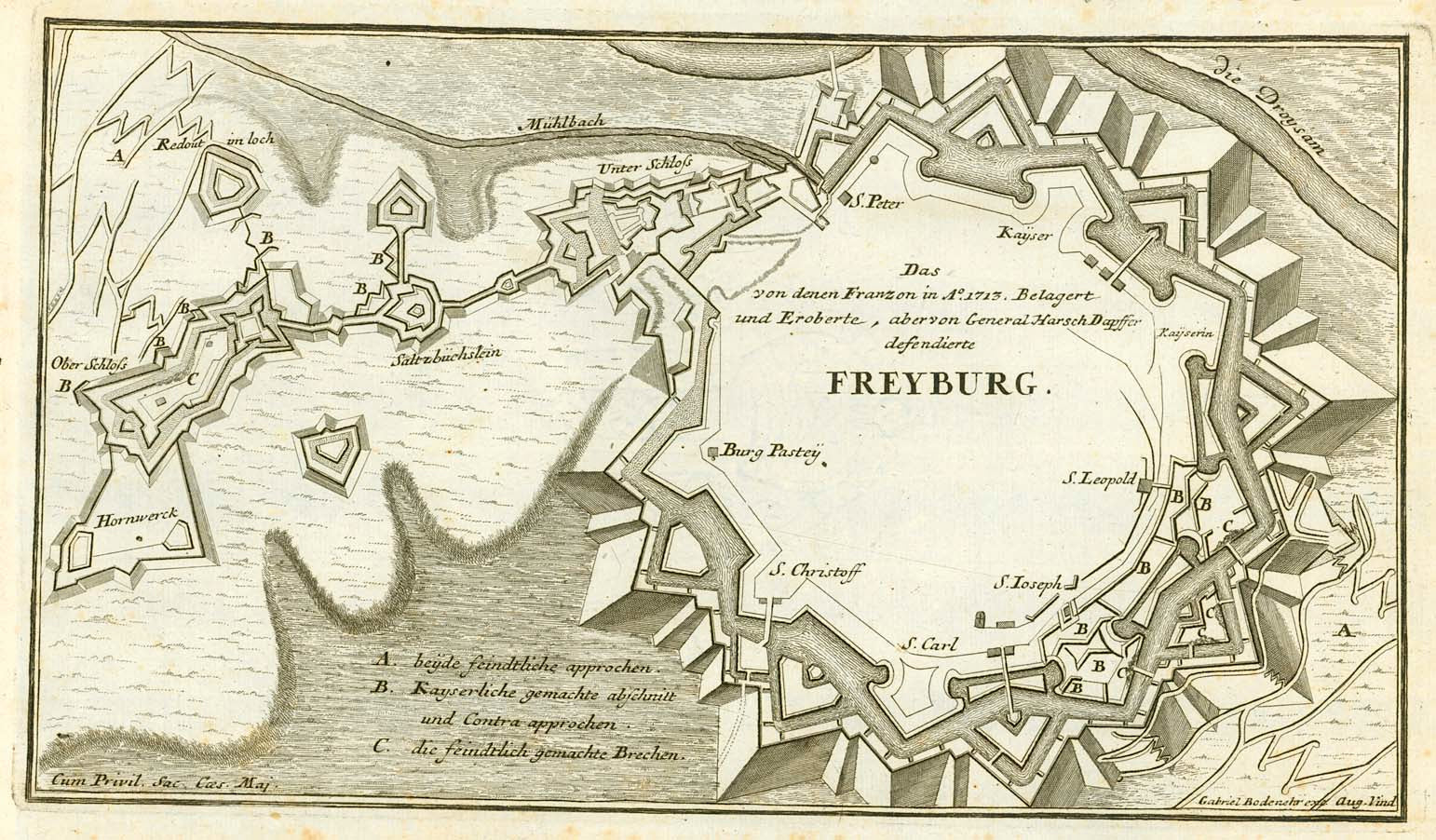 Antique Map, Alter Stich , Kupferstichkarte, Freiburg im Breisgau.  Freiburg, Breisgau, Bodenehr, Stridbeck, Fortification, (copper engraving by Gabriel Bodenehr.(1664-1758)  Nach der Zeichnung von Johann Stridbeck d. J. (1665-1714)