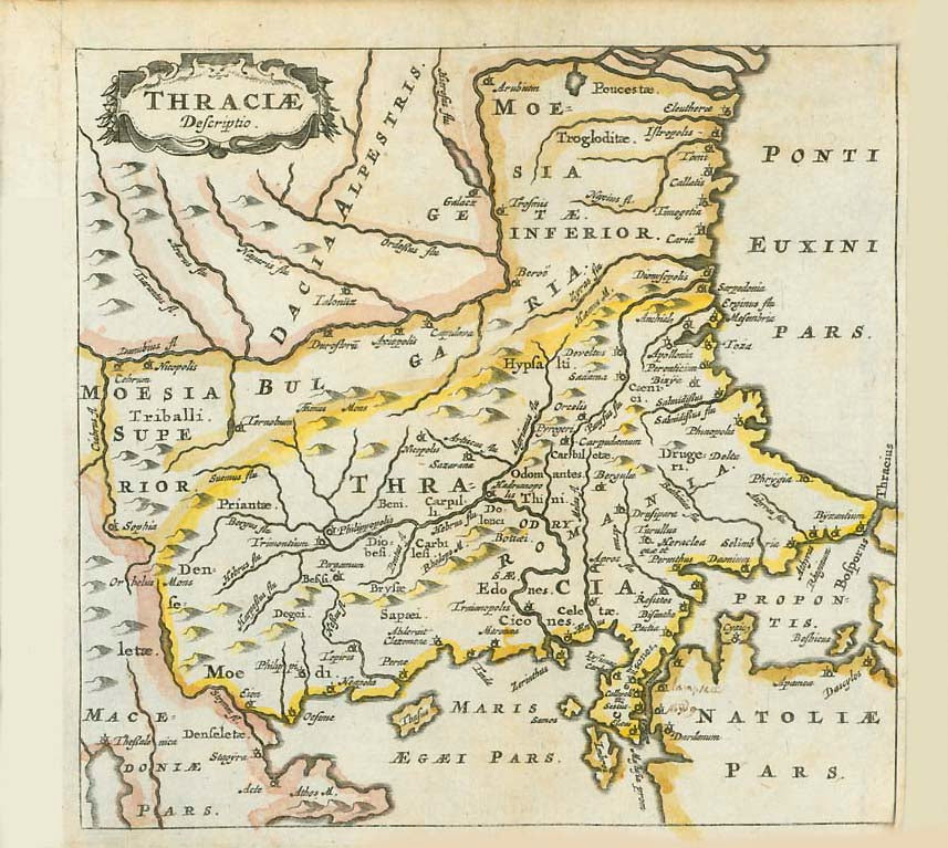 "Thraciae Descriptio"  Cluver, Philipp (1580 - 1623) was an early author of historic maps.  His works were published long after his lifespan. This map (comes from a pocket size atlas (duodez):  Philippi Cluverii. Introductionis in Universam Geographiam tam veterem quam novam Libri. Amsterdam, 1661.  The engraver was Peter Bertius (1565 - 1629). Originally colored.