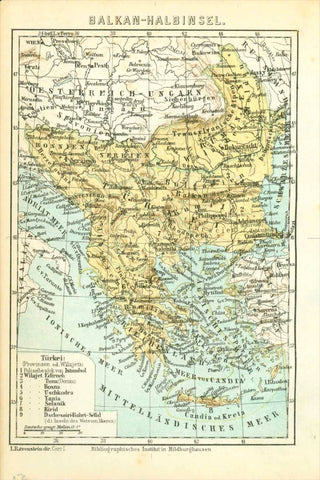 Antique Map, "Balkan-Halbinsel"  Balkan, Greece, Macedonia, Bulgaria, Romania, Hungary, Turkey  Wood engraving map by L. Ravenstein, printed in color ca 1870. Attached to the map is an extra page with the list of names found on the map.  Original antique print  