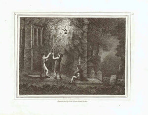 "Bat-Fowling"  Stipple copper engraving by Samuel Howitt (1756-1822)  A rather ancient method - to catch birds and bats with a source of light by night.  Published in London, dated 1799