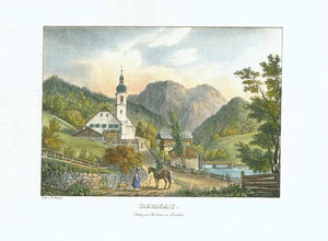 "Ramsau"  Bayern, Bavaria, Ramsau, Berchtesgaden, Hintersee, Bergsteigerdorf  Attractive hand-colored lithograph from the album "Alpenroeslein" by Gustav Kraus.  Original antique print  