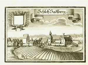 "Schloss Sadlberg"  Copper engraving of Schloss Sadlberg that is near to Poettmes, Petersdorf. Aichach Aresing. Notice that this is a "water castle" with a water ditch for protection. Published ca 1750.