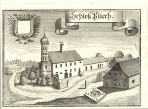 "Schloss Puech"  Copper engraving by Michael Wening.   This work was published between 1701 - 1726.  Wening made over 1000 engravings. This is a very strong, clear imprint of the church by Fuerstenfeldbruck.