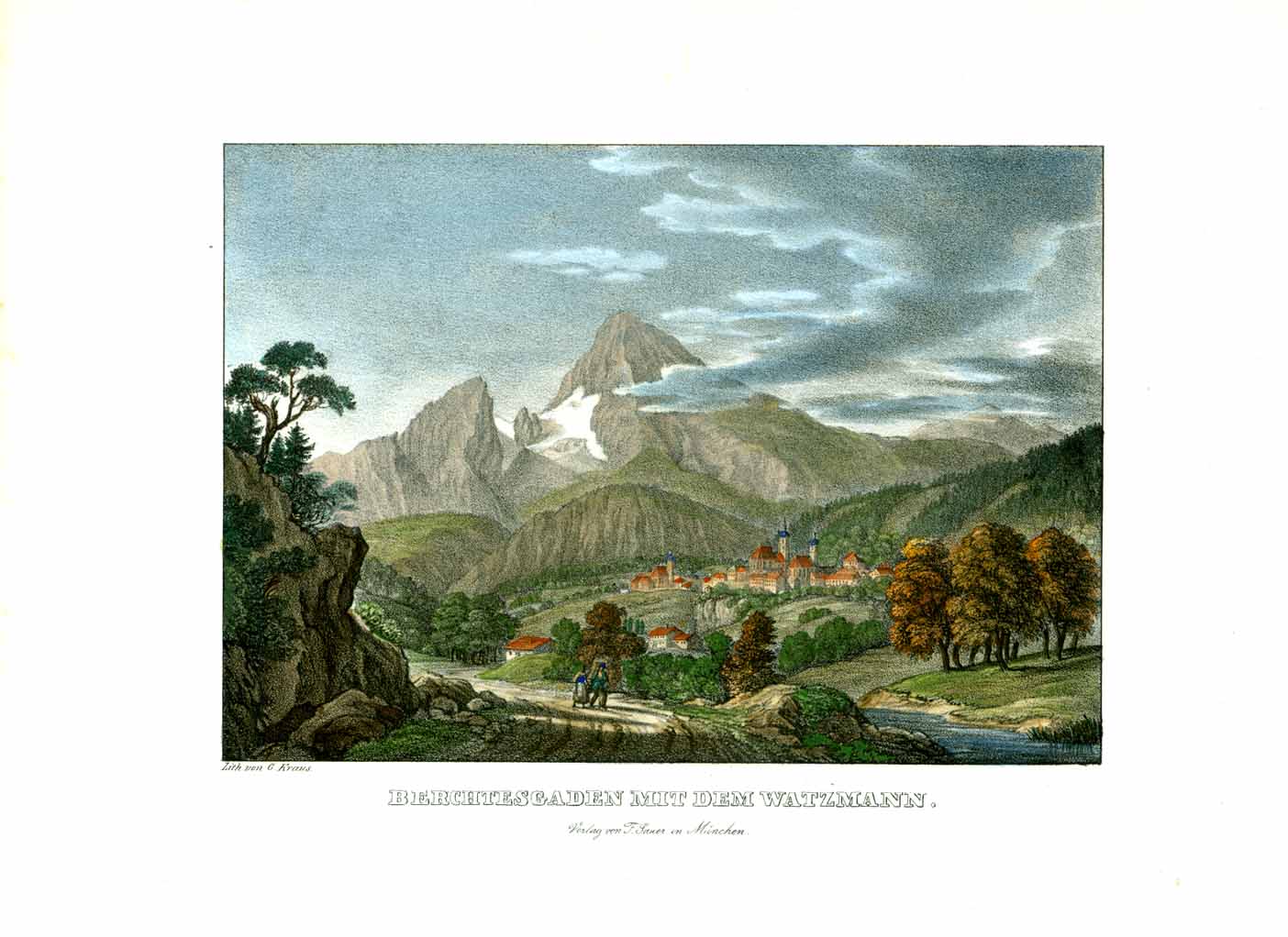 Antique print, "Berchtesgaden Mit Dem Watzmann"  Berchtesgaden, Watzmann, Gustav Kraus, Ostalpen, Ramsaudolomit, Koenigsee  Attractive hand-colored lithograph from the album "Alpenroeslein" by Gustav Kraus.  Published 1836 in Munich.  Original antique print  