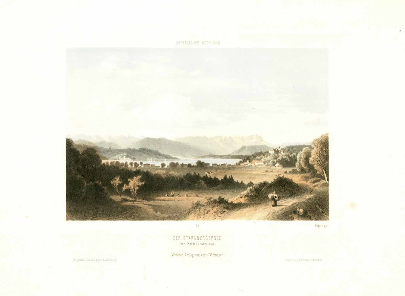 "Der Starnberger See von Petersbrunn aus"  Lithograph by Albert Kappis ( 1836 - 1914 ) printed in color ca 1860.  Rare! In the background is an Alpine panorama with the Zugspitz  Published by Mey and Widmayer in Munich.  Original antique print  