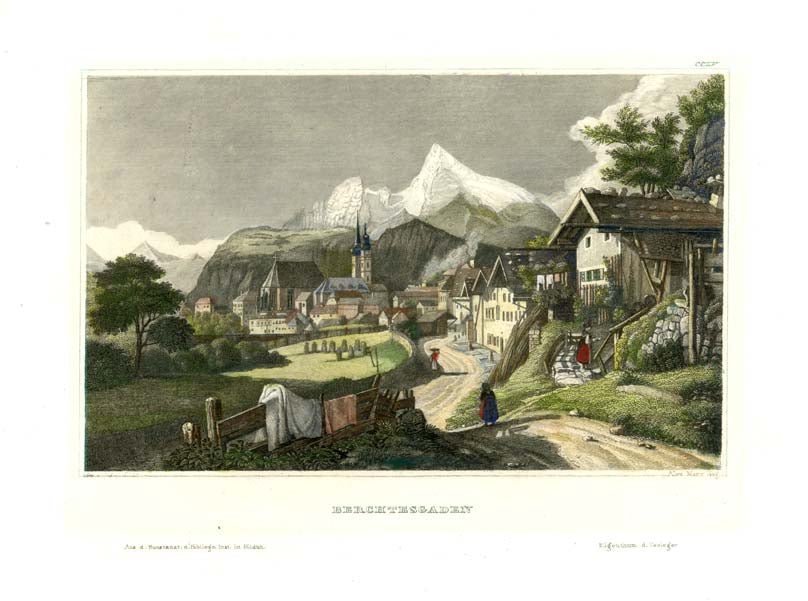 "Berchtesgaden "  Berchtesgaden, Bayern, Bavaria, Alpen, Alps, Koenigsee, Watzmann  Steel engraving by Alexander Marx.  Published ca 1840.  Original antique print  interior design, wall decoration, ideas, idea, gift ideas, present, vintage, charming, special, decoration, home interior, living room design 