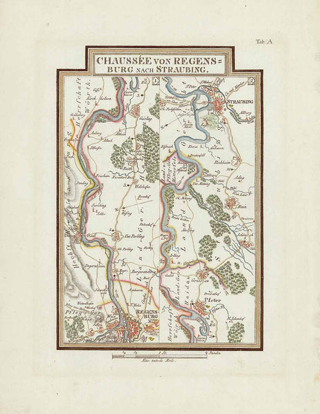 Chaussekarte Regensburg - Schärding in Österreich  3 Wegekarten, die von Regensburg nach Schärding in Oberösterreich führen.  Chauseekarte Regensburg, Schaerding, Plattling, Straubing, Langenisarhofen, Kuenzing  Altkolorierte Kupferstich-Karten aus dem Reise-Atlas von Adrian von Riedl (1746-1809)  "Reise Atlas von Bajern oder Geographisch-geometrische Darstellung aller bajrischen Haupt- und Landstrassen mit den daranliegenden Ortschaften und Gegenden : nebst Kurzen Beschreibungen alles dessen