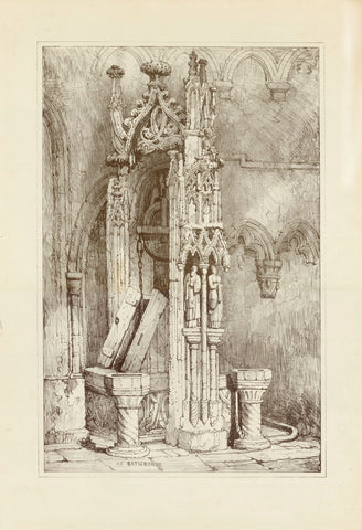 "At Ratisbonne"  Lithograph by Charles Joseph Hullmandel (1789-1850 ) after Samuel Prout ( 1783-1852 )  Representation of the fountain in the Regensburg Cathedral. Published 1833.