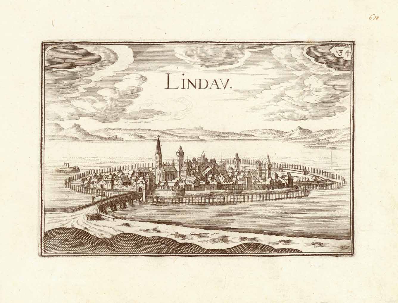 Antique print, Antiker Stich, "Lindau"  Lindau, Bodensee, Lake Constance, Dreilaendereck, Hoy, Schachen  Kupferradierung von Nicolas Tassin (also known by the name Christophe Tassin).  Sein Geburtstag ist unbekannt. Er starb 1660  Aus "Cartes générales des royaumes et provinces de la haute et basse Allemagne"  Paris, 1634  Original antique print  