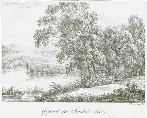 "Gegend am Kochel-See"  Lithographie (Inkunabel) von Simon Warnberger  Bei Winkler die Nr. 9 des Künstlers auf Seite 314.  Bei Winkler datiert: 1807  Original antique print 