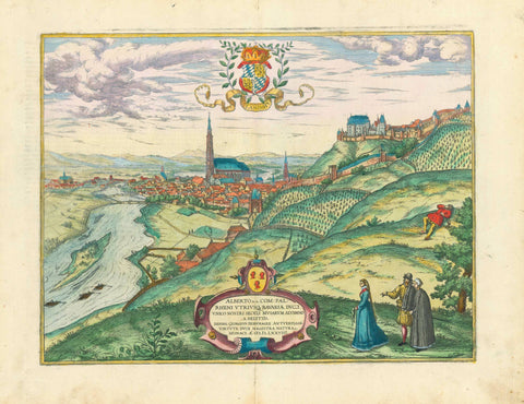 "Landshut"  "Alberto D.G. Com. Pal. Rheni Utriusque Bavariae Duci..."  Copper engraving published in "Civitates Orbis Terrarum" by G. Braun and F. Hogenberg.  Beautiful original hand coloring. Published 1581 in Cologne.  Panoramic view of Landshut on the Isar River.  In the upper right is the Trausnitz Castle. The castle was the home of the Wittelsbach family.  Original antique print  