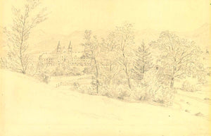 "Schlehdorf"  Kloster Schlehdorf.  Umsignierte Bleistiftzeichnung  Unten rechts betitelt: "Schlehdorf"  Pencil drawing titled lower right: written in pencil, "Schlehdorf"  Unsigned Pencil drawing of the monastery of Schlehdorf on the Kochelsee.  Aus dem Zeichenblock eines Amateurmalers.  From the sketch book of an amateur artist  Ca. 1880