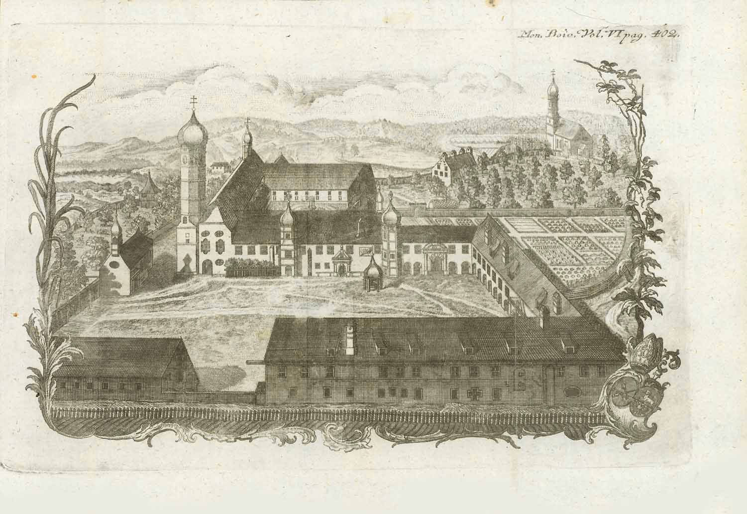 Eurasburg. - Ohne Titel. Kloster Beuerberg in der Gemeinde Eurasburg  Ehemaliges Augustiner-Chorherrenstift mit der ehemalig en Klosterkirche St. Peter und Paul  Kloster Beuerberg, Gemeinde Eurasburg, Augustiner-Chorherrenstift, Klosterkirche St. Peter und Paul   Copper engraving by Joseph  Anton Zimmernann  From "Monuments Boica" Vol. IX  Source collection of Bavarian History  München, 1766