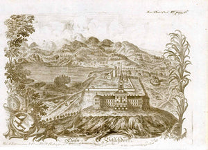 Antique print, antiker Stich, Schlehdorf. - "Closter Schlehdorff" am Kochelsee  Kloster Schlehdorf, Kochelsee, Parrkirch St. Tertulin, Erzbischoefliche Realschule   Copper engraving by Joseph  Anton Zimmernann  From "Monuments Boica" Vol. IX  Quellensammlung zur Bayerischen Geschichte Source collection of Bavarian History  München, 1767