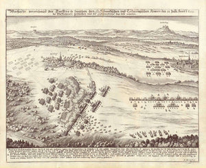 Pfaffenhofen. - "Wahrhaffte verzeichnuß des Treffens so zwischen den Schwedischen und Lotharingischen Armeen den 31. Julli 1633 bei Pfaffenhoven geschechen und die Schwedische das feld erhalten" (Meeting of the Swedish and Lotharingen armies in Pfaffenhfen 1633)  Pfaffenhofen an der Ilm, Pfahofa, Hallertau, Hopfen, Ehrenberg, Sulzbach, Bachappen  Kupferstich aus "Theatrum Europaeum" Band III von Matthäus Merian (1593-1650)