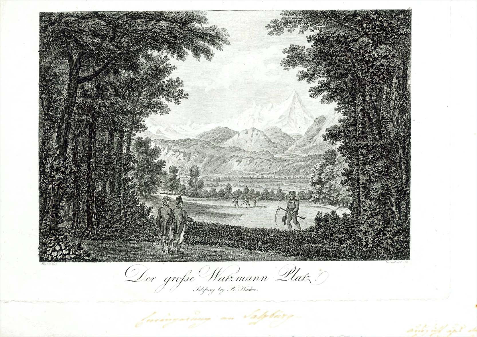 Copper etching. Watzmann is the main Mountain near Berchtesgaden.  Copper etching by Franz Seraph Güntherr (1787-?). After the drawing by Ferdinand Runk (1764-1834)  Published in the album "Ansichten von Berchtesgaden und dem Königsee" (Views of Berchtesgaden and Koenigsee" On the reverse side are two visible light creases hardly visible on the front side. In the right and lower margns is some washed out inktext. Not legible.  Salzburg, 1821