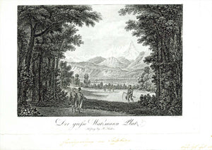 Copper etching. Watzmann is the main Mountain near Berchtesgaden.  Copper etching by Franz Seraph Güntherr (1787-?). After the drawing by Ferdinand Runk (1764-1834)  Published in the album "Ansichten von Berchtesgaden und dem Königsee" (Views of Berchtesgaden and Koenigsee" On the reverse side are two visible light creases hardly visible on the front side. In the right and lower margns is some washed out inktext. Not legible.  Salzburg, 1821