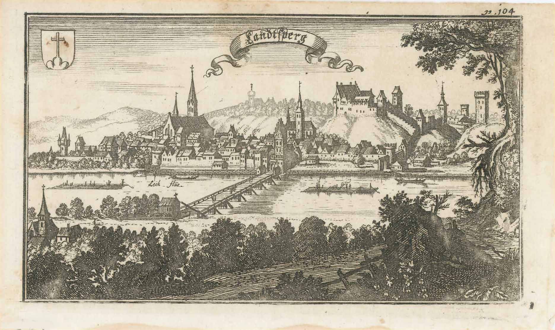 "Landtsperg" (Landsberg am Lech)  Copper engraving by Anton Wilhelm Ertl 1687.  Original antique print  