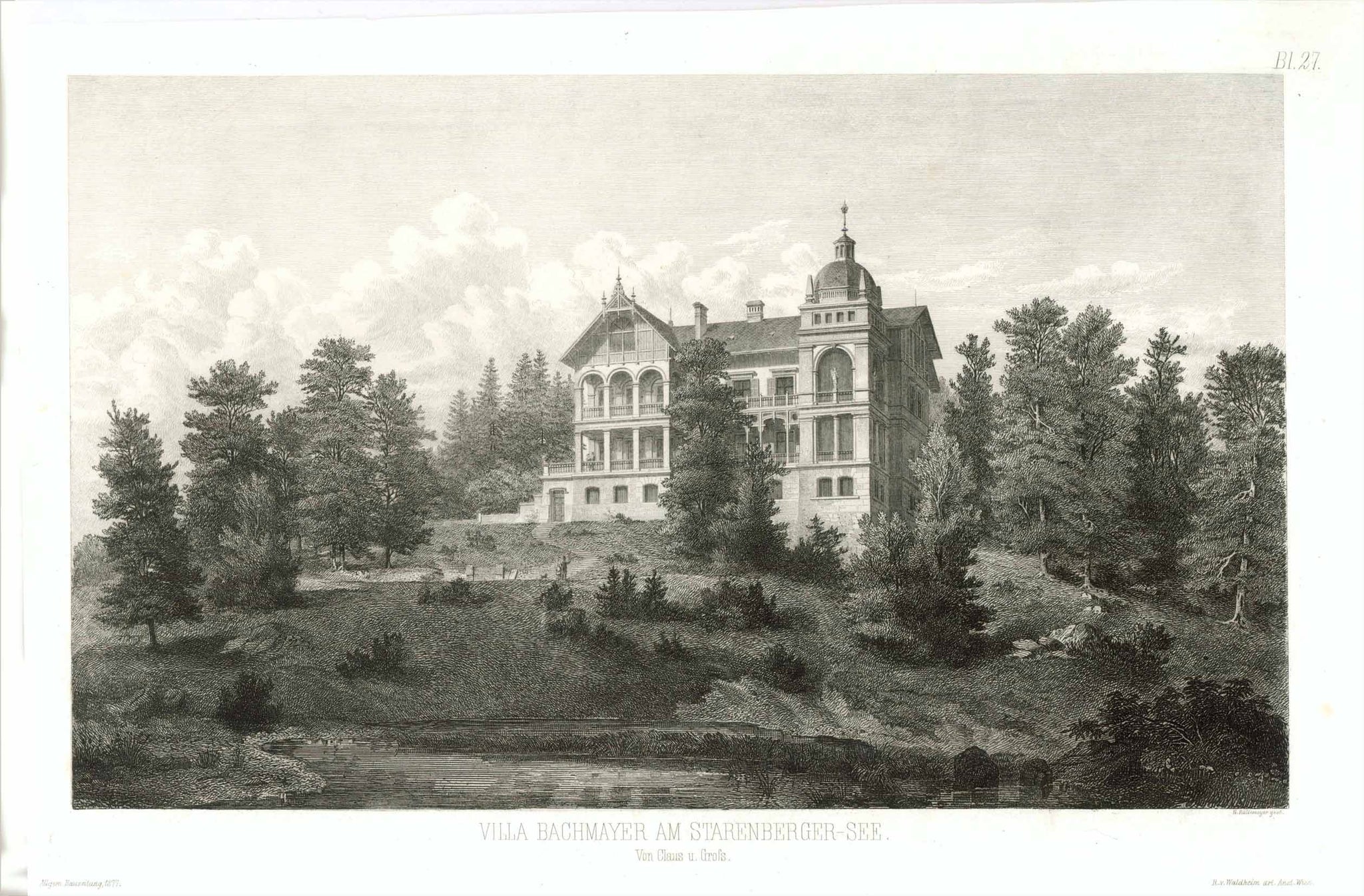 "Villa Bachmayer am Starnberger See" (Poecking)  "Von Claus u. Gross"  Etching by Heinrich Bueltemeyer. Published in Allgemeinebauzeitung 1877.  Original antique print  