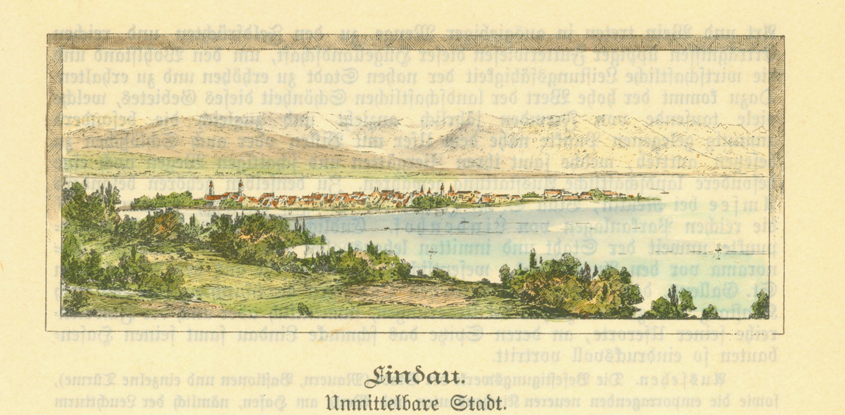 "Lindau"  Hand-colored wood engraving, 1895. Print from reverse side is lightly visible.