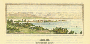 "Lindau"  Hand-colored wood engraving, 1895. Print from reverse side is lightly visible.