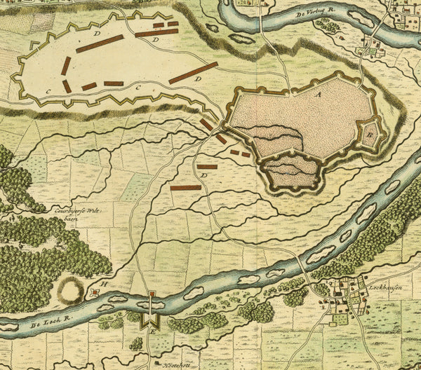 Ordre de Battaille Au Camp de Burckheim de l'Armee des Allies en Allemagne le 15me Juillet An 1704 (Battle formation on July 15, and Plan of the city of Augsburg and its surrounding 1704 in the Spanish War of Succession).  Anonymous copper etching 1705. Original hand coloring by Anna Beek. Published as unicum in the sense that Anna Beek hand-colored this print herself and published it in the famous Anna-Beek-Collection. The Hague, 1705  Shows areal plans of Augsburg, Gersthofen, Oberhausen, Pfersee, Radau, 