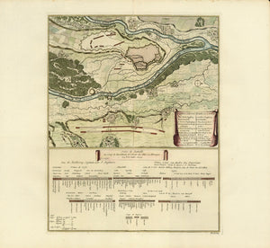 Ordre de Battaille Au Camp de Burckheim de l'Armee des Allies en Allemagne le 15me Juillet An 1704 (Battle formation on July 15, and Plan of the city of Augsburg and its surrounding 1704 in the Spanish War of Succession).  Anonymous copper etching 1705. Original hand coloring by Anna Beek. Published as unicum in the sense that Anna Beek hand-colored this print herself and published it in the famous Anna-Beek-Collection. The Hague, 1705  Shows areal plans of Augsburg, Gersthofen, Oberhausen, Pfersee, Radau, 