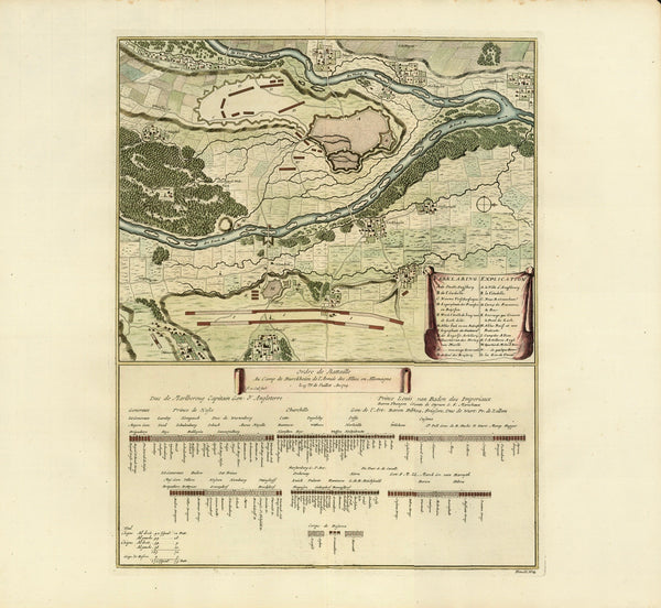 Ordre de Battaille Au Camp de Burckheim de l'Armee des Allies en Allemagne le 15me Juillet An 1704 (Battle formation on July 15, and Plan of the city of Augsburg and its surrounding 1704 in the Spanish War of Succession).  Anonymous copper etching 1705. Original hand coloring by Anna Beek. Published as unicum in the sense that Anna Beek hand-colored this print herself and published it in the famous Anna-Beek-Collection. The Hague, 1705  Shows areal plans of Augsburg, Gersthofen, Oberhausen, Pfersee, Radau, 