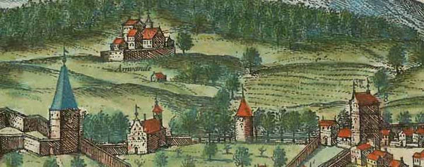 Kempten. - "Campidonia vulgo Kemptten peruetus Sacri Romani Imperii oppid"  Hand-colored copper etching of this Suebian-Bavarian city in the Fore-Alps.  Backdrop: The Alpine Mountains.  This impressive view of Kempten was published in "Civitates Orbis Terrarum"  By author and publisher Georg Braun (1541-1622)  and engraver and publisher Frans Hogenberg (1535-1590)  Cologne, 1597  Original antique print 