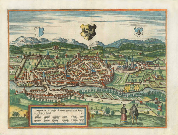 Kempten. - "Campidonia vulgo Kemptten peruetus Sacri Romani Imperii oppid"  Hand-colored copper etching of this Suebian-Bavarian city in the Fore-Alps.  Backdrop: The Alpine Mountains.  This impressive view of Kempten was published in "Civitates Orbis Terrarum"  By author and publisher Georg Braun (1541-1622)  and engraver and publisher Frans Hogenberg (1535-1590)  Cologne, 1597  Original antique print 